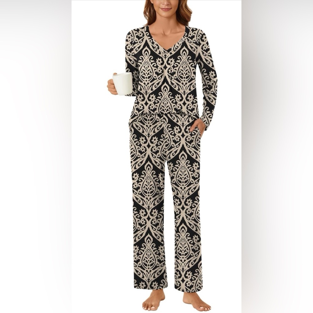 Black & Beige Patterned Pajama Loungewear Set- Cozy Two-Piece Size Medium